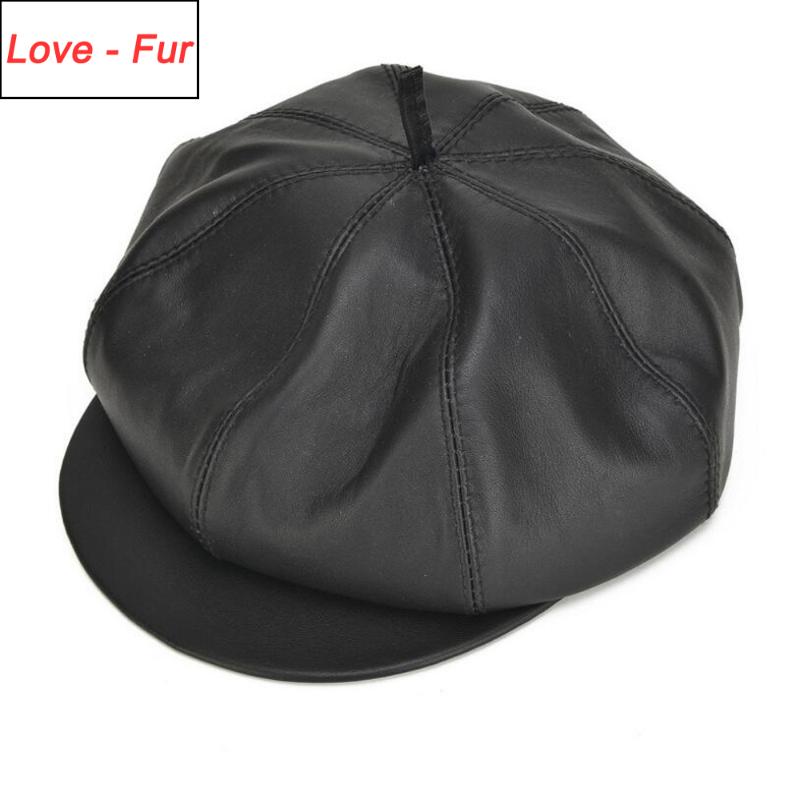 

2020 New Women Quality Real Leather Octagonal Cap Lady Fashion Brand Octagonal Hat Autumn Winter Warm Real Sheepskin Leather Cap, Black