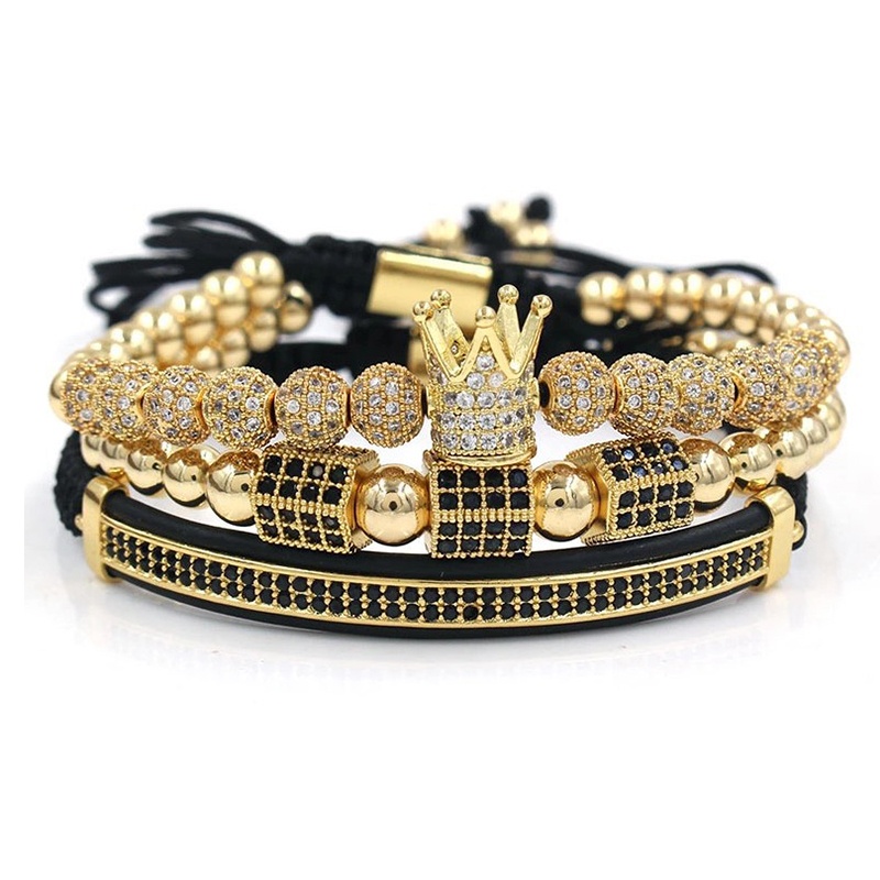 

3PCS/Set Pave CZ Crown Braided Bracelet For Men Luxuy Zircon Beads Bracelet Trendy Male Jewelry Gift