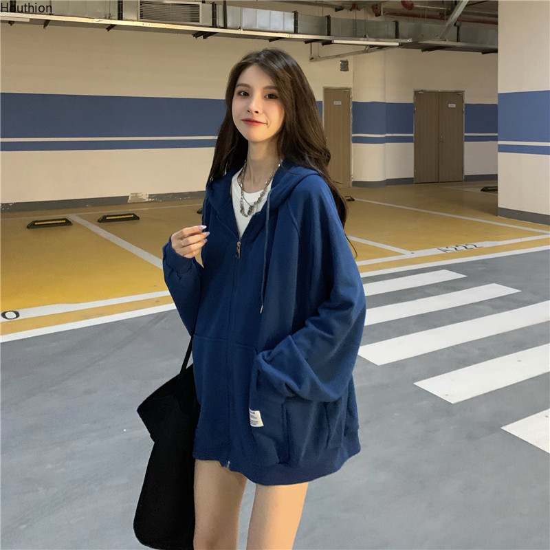 

Houthion Women's Sweater The New Fashion Casual Temperament Solid Color Pocket Zipper Hooded Cardigan Long Sleeve Women, Black