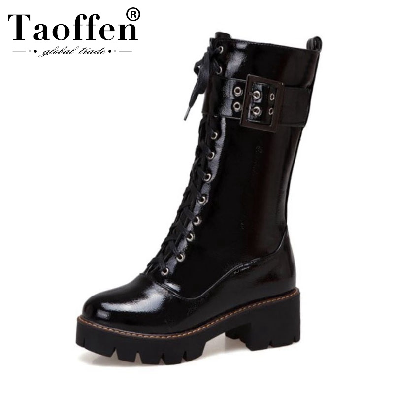 

TAOFFEN Women Mid-Calf Boots Winter Fashion Thick Heel Buckle Shoes Women Solid Color Non-Slip Lacing Mujer Footwear Size 34-43, Black