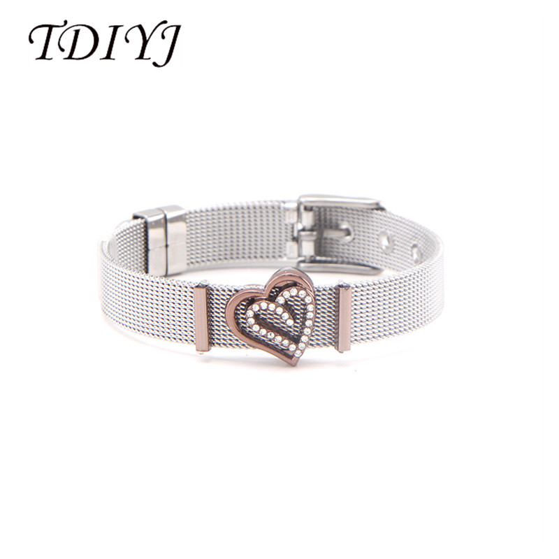 

TDIYJ New Arrival Stylish Coffee Crystal Heart Slide Charms Keeper Mesh Bracelets Set as Gift for Love 1set