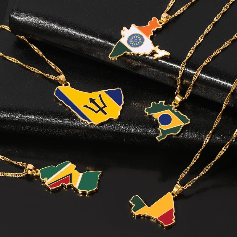 

India Barbados Guyana Mali Brazil Map Pendant Necklace Women Men Gold Color Maps Hiphop Item Ethnic Jewelry 2020 Gifts