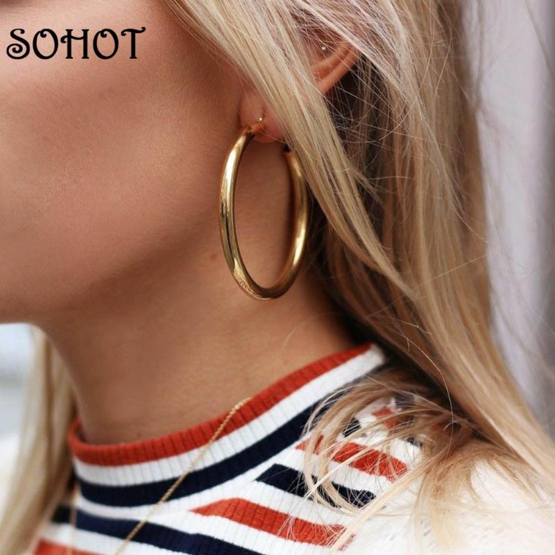 

SOHOT Trendy Big Circle Metal Women Hoop Earrings Classic Wide Hollw Gold Silver Color Alloy Wedding Jewelry For Bridal Brincos