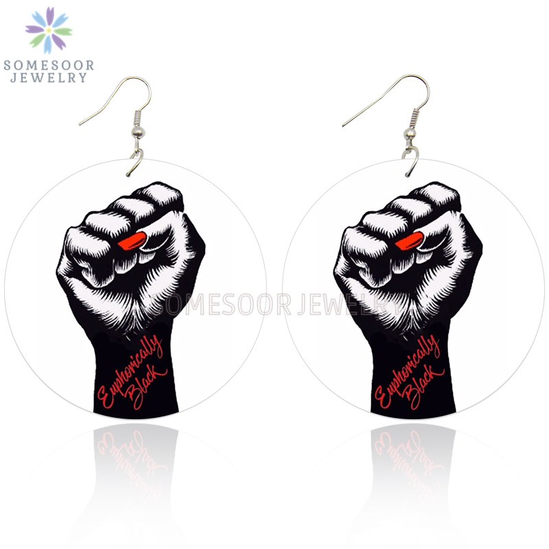 

SOMESOOR Euphorically Black Power Fist African Wooden Drop Earrings Both Sides Printing Wood Dangle Jewelry For Women Gifts
