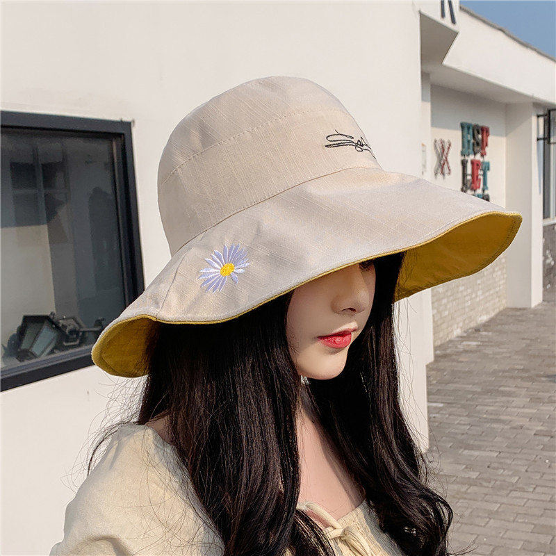 

simple washed denim Summer Folding Bucket Hat Solid Color HipHop Wide Brim Beach UV Protection Round Top Sunscreen Fisherman Cap, Daisy4