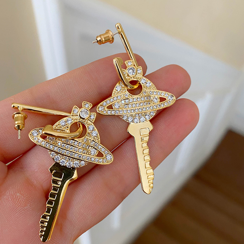 

Peri'sBox Gold Color Planet Key Earrings Hoops Micro Setting CZ Stone Geometric Earrings for Women Circle Statement Hot