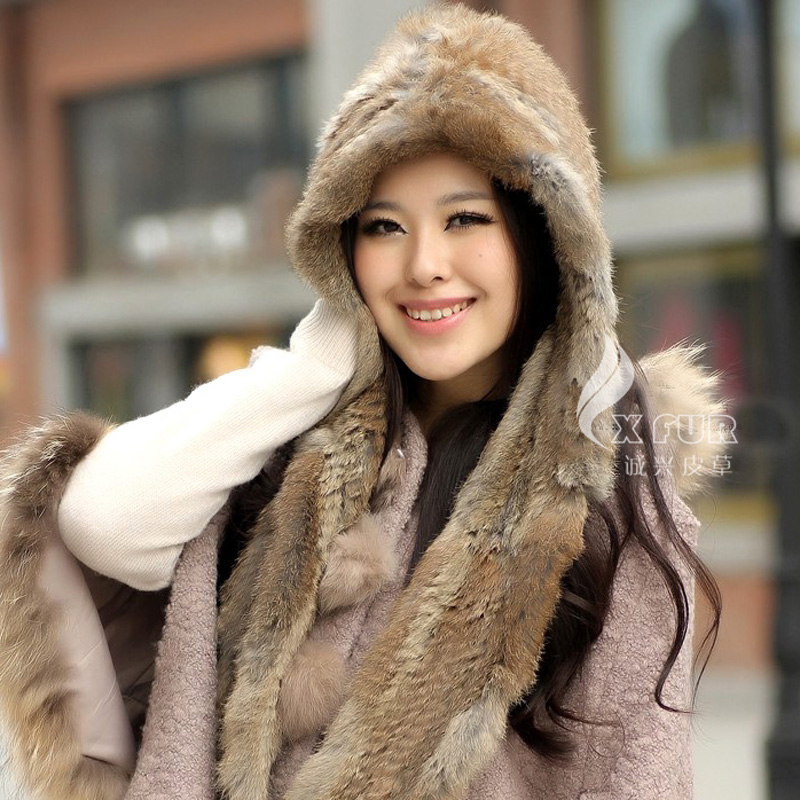 

CX-C-05E Genuine Fur Hooded Scarf Hat ~ WHOLESALE / RETAIL ~ DROP SHIPPING, Black