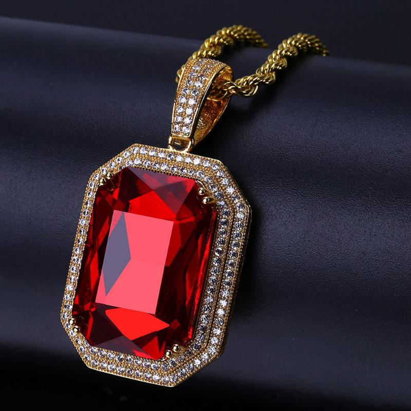 

Hip Hop Paved Cubic Zirconia Iced Out Bling Red Stone Geometric Pendants Necklace for Men Rapper Jewelry Gold Silver Color