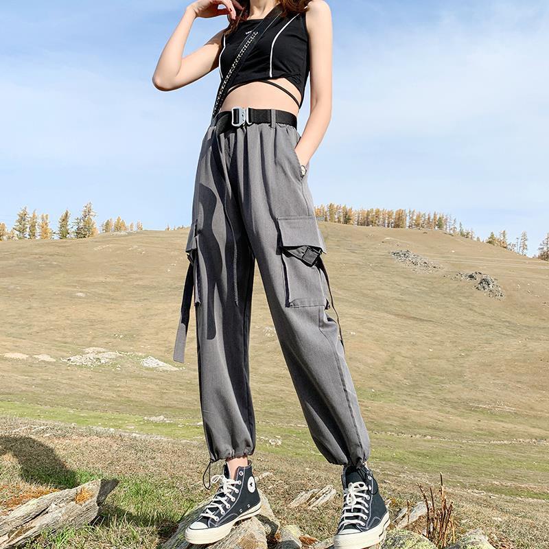 

French Cargo Pants Women Loose Spring and Summer Thin Ankle Banded Pants Women Casual High Waist Sweatpants, Black