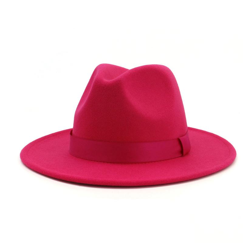 

2020 Men Women Red Wool Fedora Hat Wide Brim Jazz Hat Elegant Lady Fascinator Party Size 56-58CM, Pink