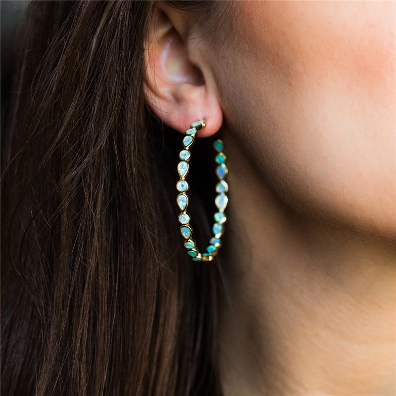 

Bohemia Gold Color Large Circle C Shaped Hoop Earrings Fashion Green Blue Opal Teardrop Stone Earrings for Women