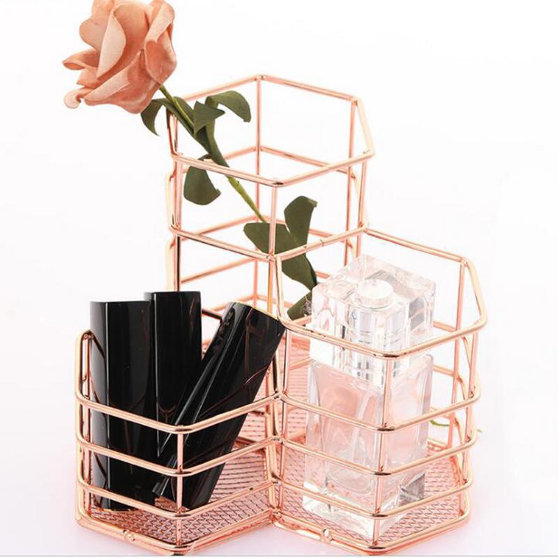 

Creative Hexagon Wrought Makeup Brush Holder Desktop Organizer Eyebrow Pencil Stand Beauty Makeup Tool Kits