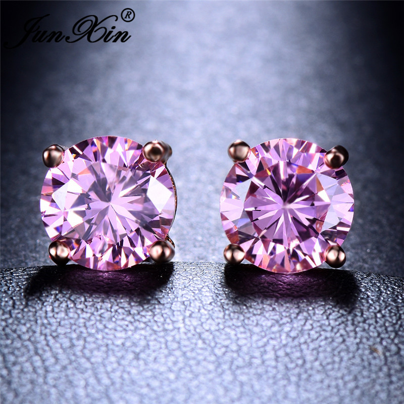 

JUNXIN Cute Pink Stud Earrings For Women White Gold/Rose Gold Filled Round Zircon Earrings Female Wedding Studs Crystal