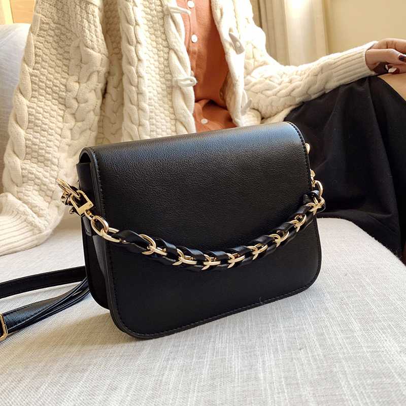 

AXUKES new high-quality leather women's bag simple high-end fashion chain bag slung wild one-shoulder small square, Black