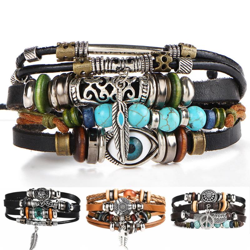 

BOHO Tibet Stone Feather Multilayer Leather Bracelet Eye Fish Charms Beads Bracelets for Men Vintage Punk Wrap Wristband
