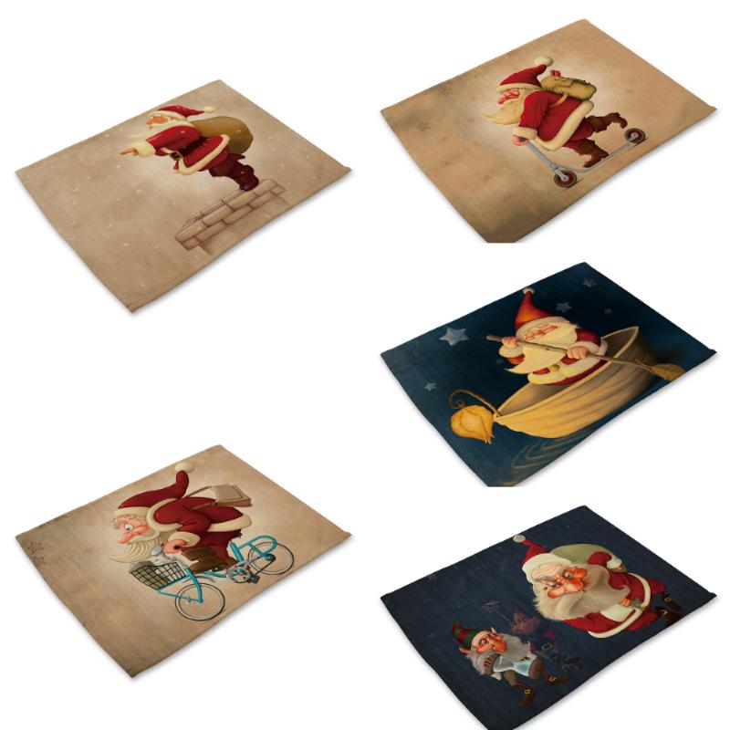

40*30cm Christmas Series Placemat Flax Table Mat Anti-scalding Pad Xmas Kitchen Decoration Dining Accessories Home Textile