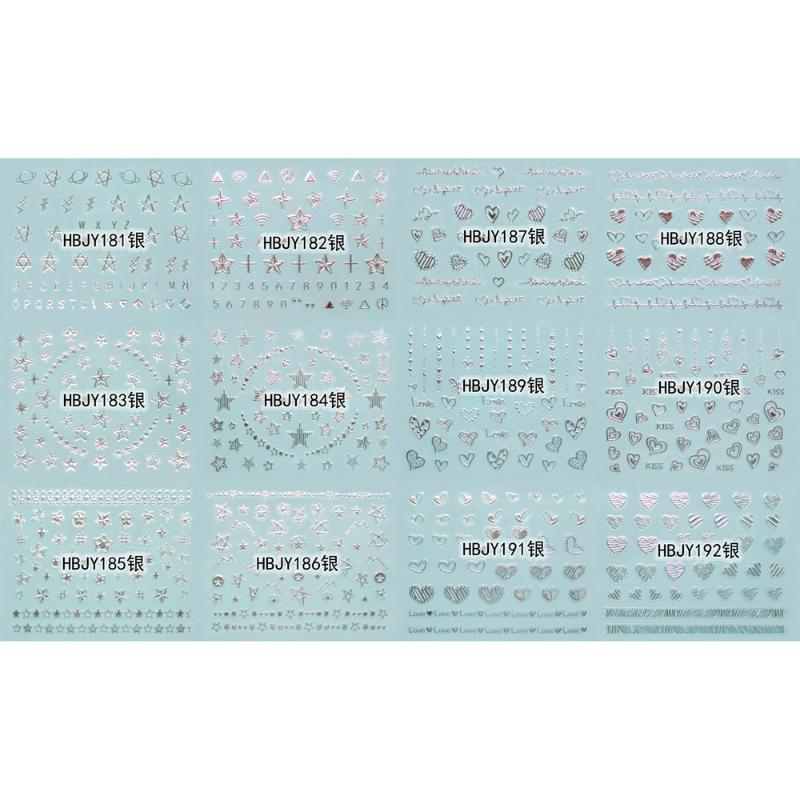 

12 SHEETS NAIL ART 3D SELF ADHESIVE GOLD SILVER BLACK WHITE STICKER DECAL SLIDER PLANET LOVE HEART STARS HBJY181-192, Hbjy181-192 gold