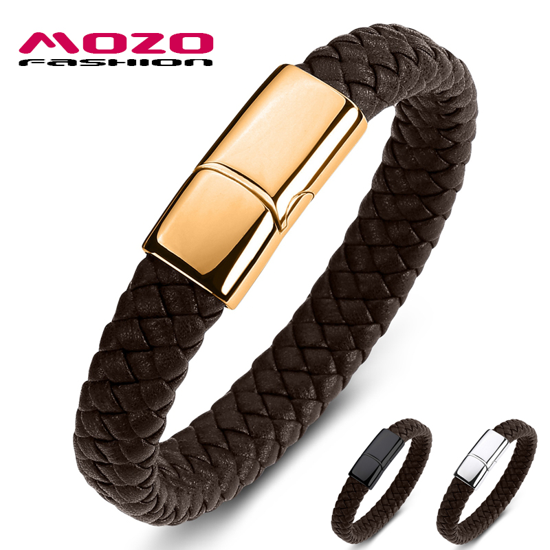 

Classic Simple Male Bracelet Brown Leather Chain Stainless Steel Fashion Bracelet High Quality Gold Jewelry