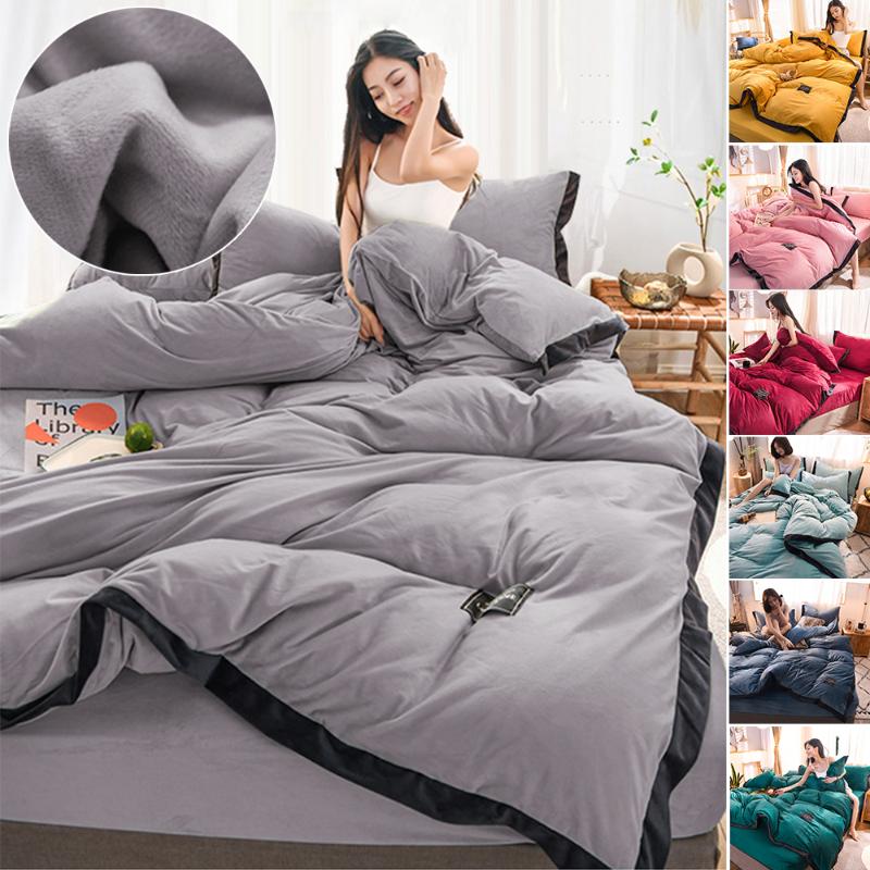 

4 Pieces Bedding Set Decor European Flat Velvet Pillow Duvet Cover Set King Queen Bedclothes Solid Kit Sheet Home Textile D40, Green