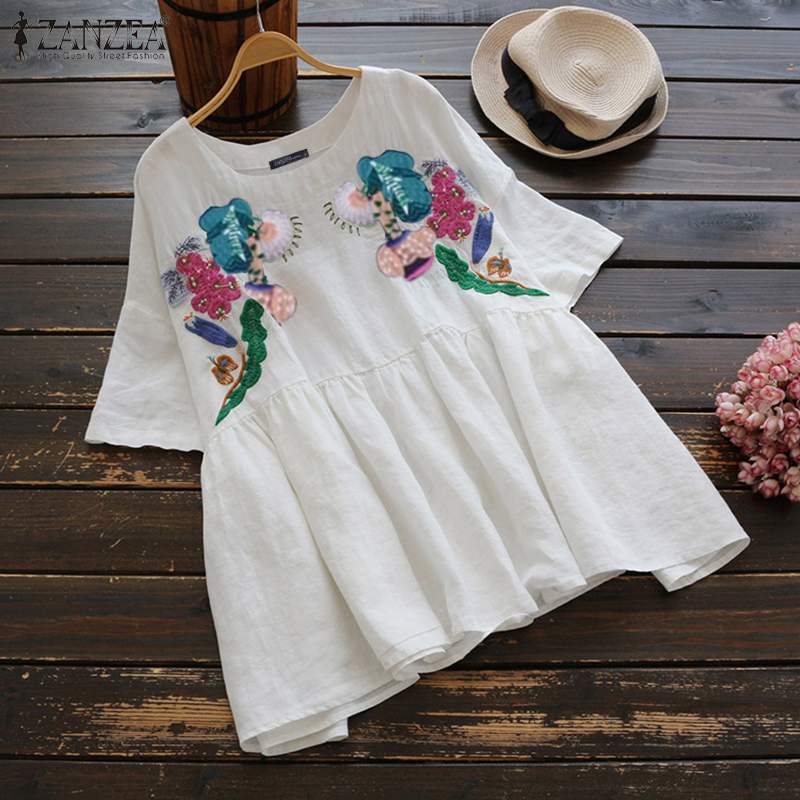 

Plus Size ZANZEA Summer Embroidery Blouse Women Short Sleeve Vintage Floral Party Loose Shirt Tunic Tops Female Blusas Chemise 7, Red