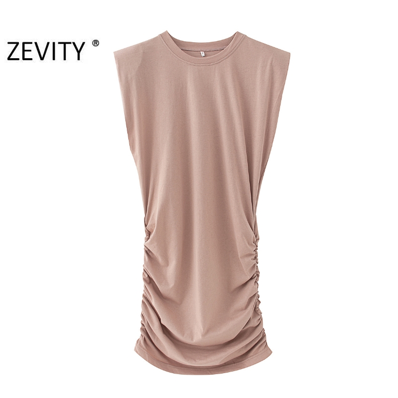

Zevity New women fashion o neck sleeveless pleated slim dress chic ladies shoulder padded vestidos casual knitted dresses DS4175, Xqj ds4175b