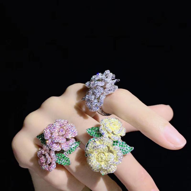 

double flowers ring 925 sterling silver with cubic zircon rose flower ring romantic fine women jewelry free shipping cocktail
