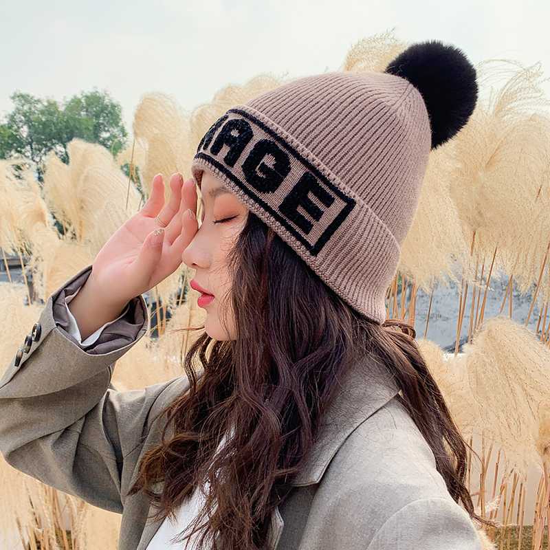 

Winter Brand Female Fur Pom Poms hat Winter Hat For Women Girl 's Knitted Beanies Cap Thick Women Skullies Beanies