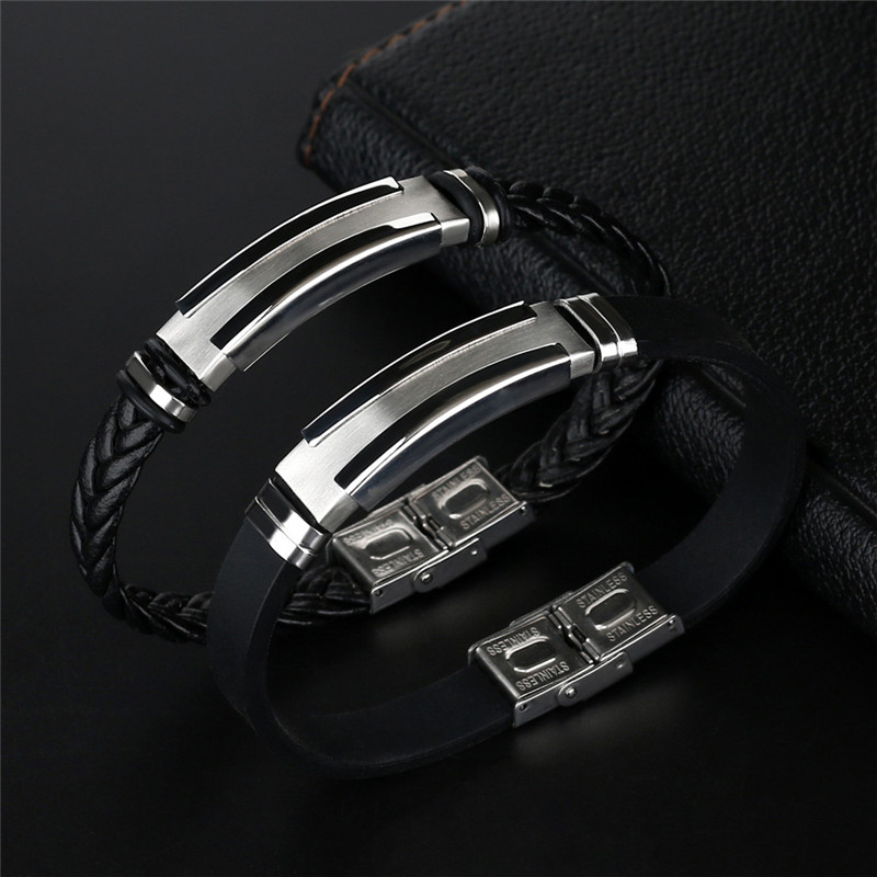 

Fashion Black Leather Bracelet Silver-color Stainless Steel Clasp Handmade Braid Rope Chain Wristband Vintage Gifts