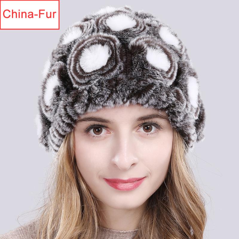 

Wholesale And Retail Girls Real Rex Fur Caps Flowers Winter Hats Skullies Cap Real Fur Knitted Beanies Lady Caps, Grey black