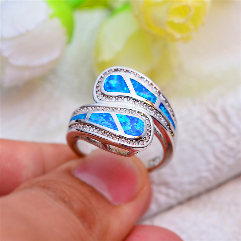 

Boho Female White Blue Fire Opal Ring Unique Silver Color Wedding Band Ring Promise Love Engagement Rings For Women