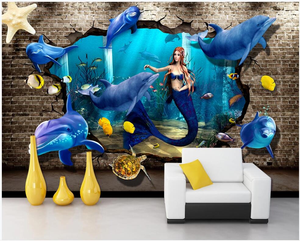 

custom mural photo wallpaper 3d Underwater world dolphin sea turtle mermaid background home decor wall papers in the living room, Non-woven wallpaper