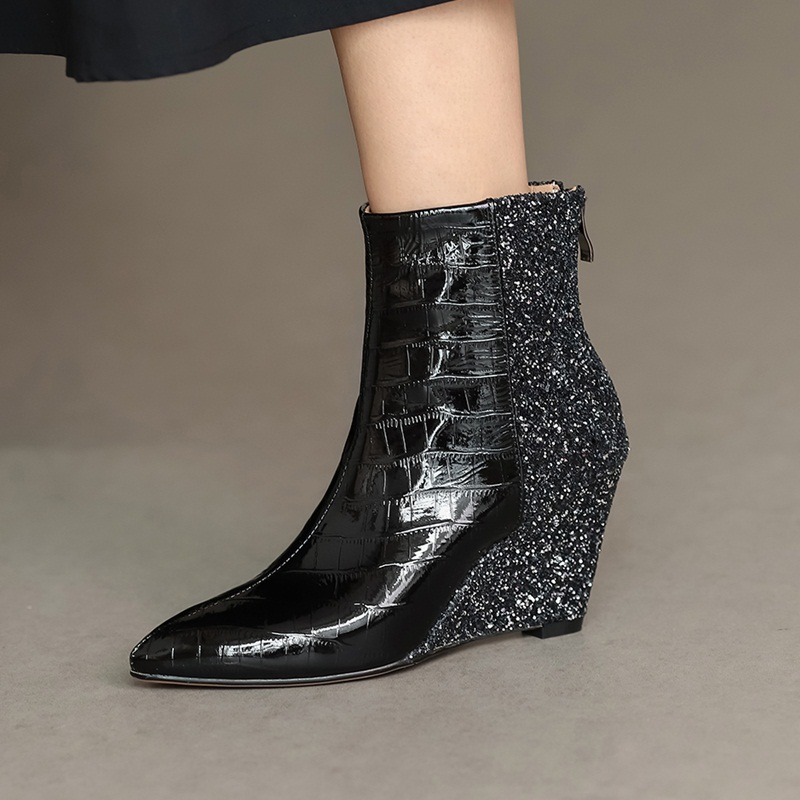 

New Fashion Brand Women Ankle Boots Wedges High Heels Ladies Shoes Woman Party Wedding Pumps Basic Genuine Cow Leather Boots, Black