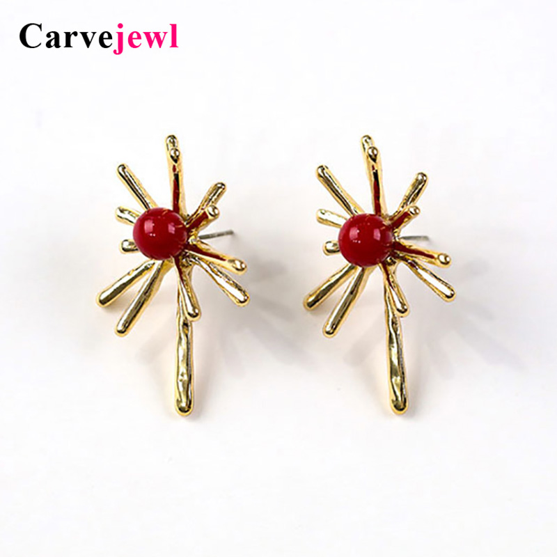 

Carvejewl Korea design unique Starburst Stud Earring Vintage Earring Fashion Jewelry Gift Free Shipping simulated red pearl stud
