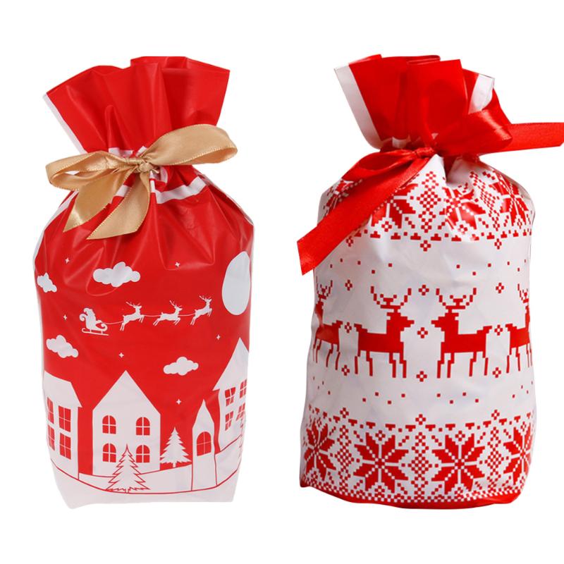 

100pcs Christmas Drawstring Bags Red Reindeer Design Candy Bag Self-Adhesive Bag Gift Wrapping for Merry Christmas Party Anniver