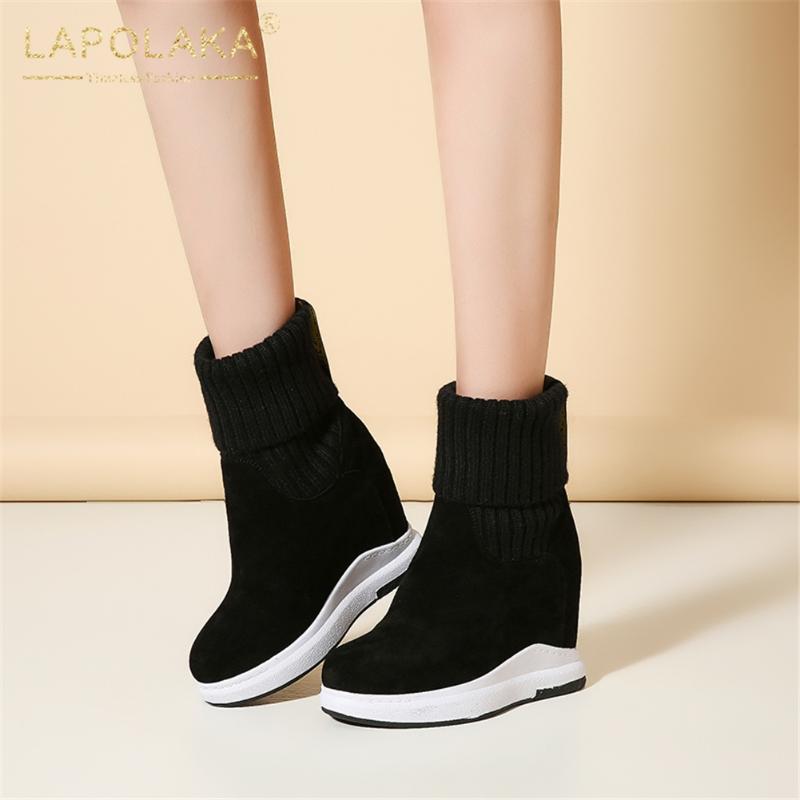 

Lapolaka 2020 New Design Cow Suede Stretch Boots Women Shoes Increasing High Heels Platform Black Red Shoes Ladies Boots Female
