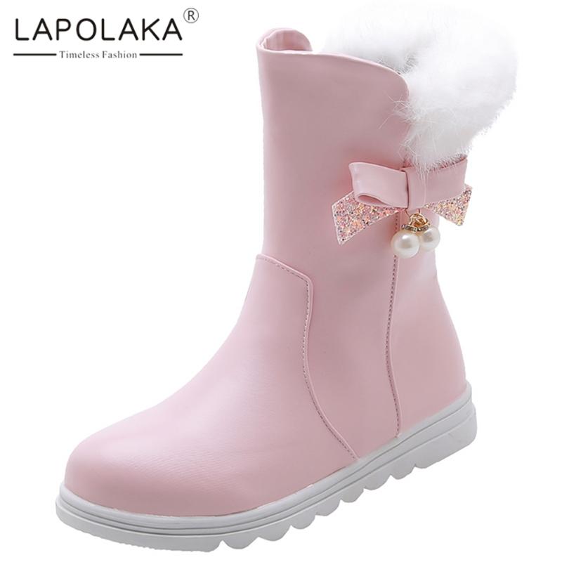

Lapolaka Large Size 28-40 New Arrivals 2020 Platform Mid Calf Boots Woman Shoes Women Zip Up Sweet Bowtie Add Fur Winter Boots, Black