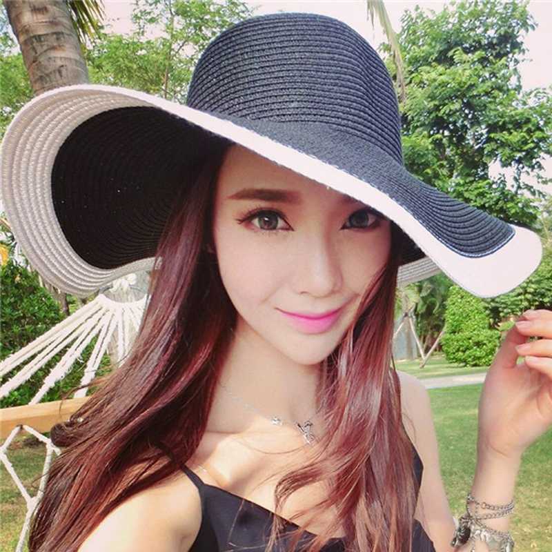 

Brand Large Brim Floppy Straw Hat Summer Sun Hat Beach Women Foldable UV Protection Travel Casual Female, White