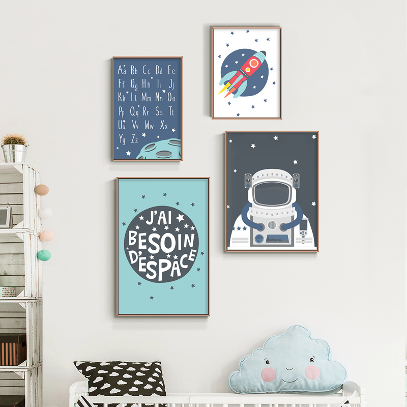 

Cartoon Space Theme Nursery Child Cute Astronaut Rocket Posters and Prints Wall Art Painting Picture Nordic Kid Boy Room Decor