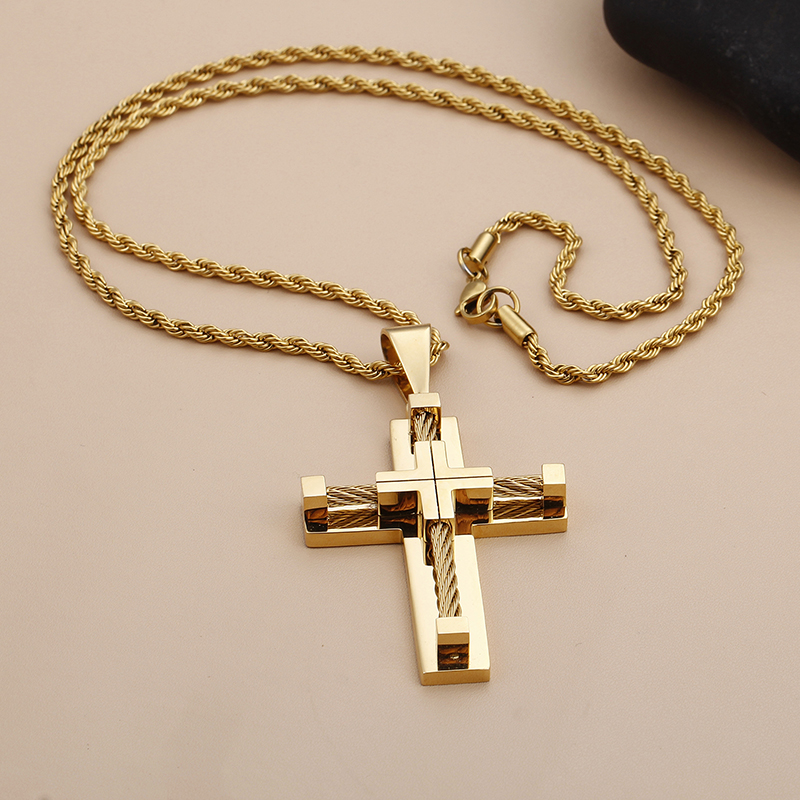 

Gold Stainless Steel Wire Chain Large Biker Cross crucifix Pendant Necklace Chain Men's Punk XMAS Gifts 4mm 22 inch