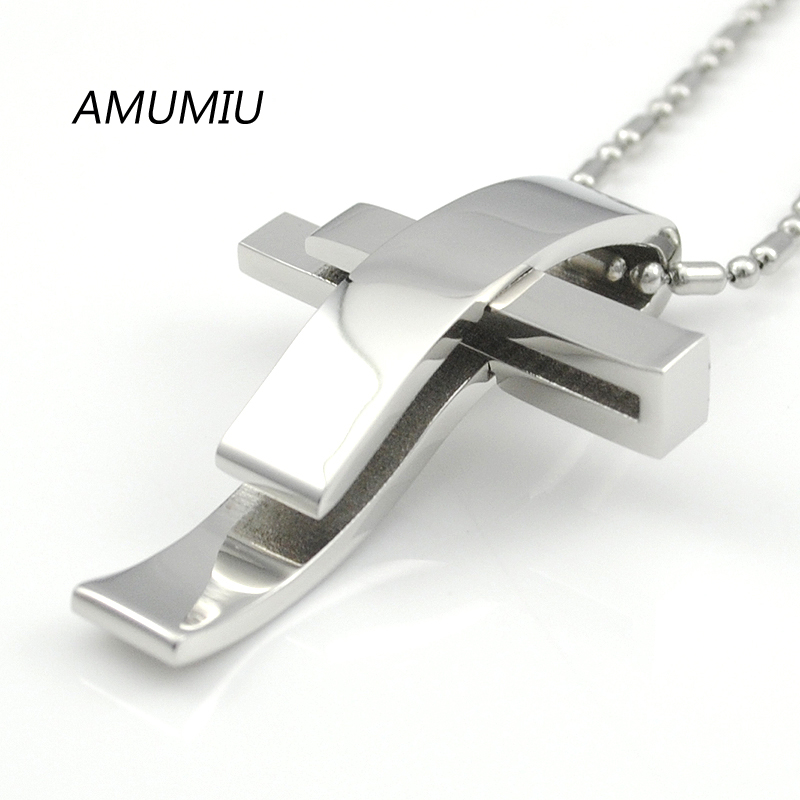 

AMUMIU Silver Color Cross Stainless Steel Pendant Necklace Men Women Chain Jewelry Christmas Gifts Wholesale KP101