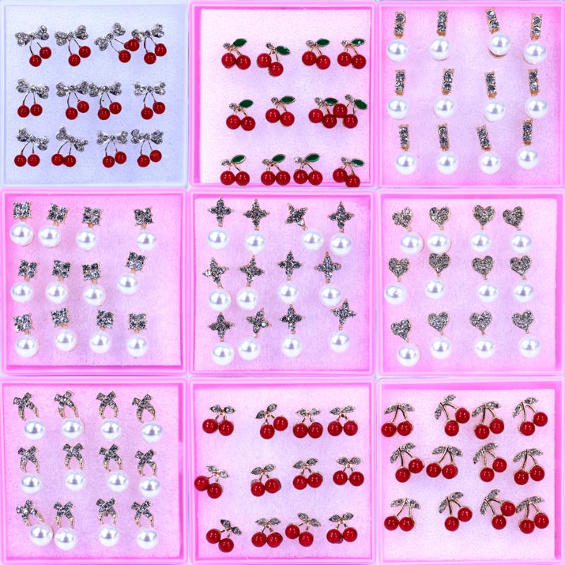 

Free Shipping Factory Wholesale Zinc Alloy Stud Earring With Shining Rhinestones Ear Studs 6pairs/lot Cherry Design