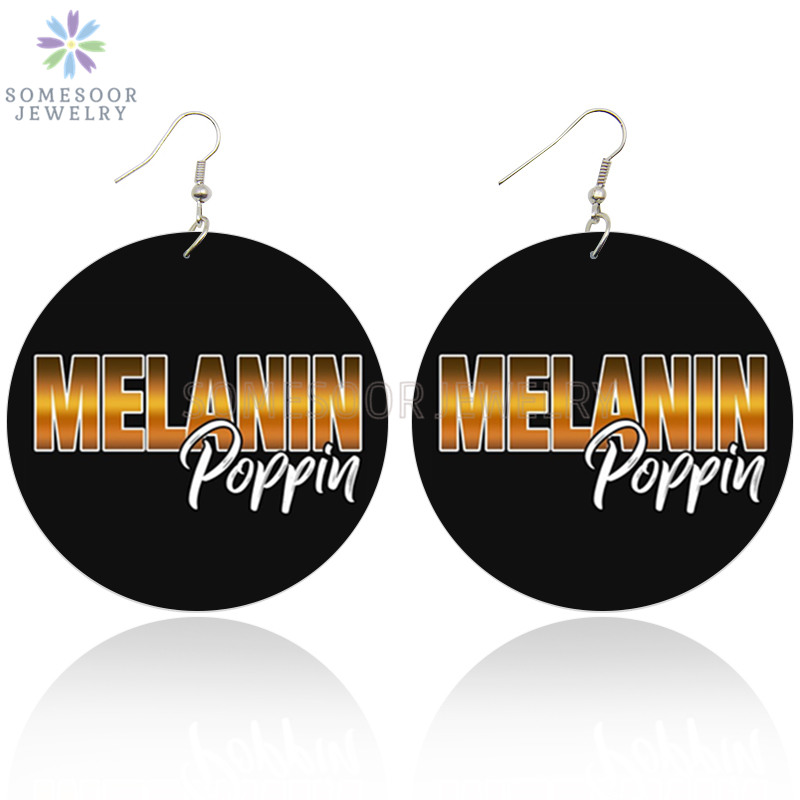 

SOMESOOR Melanin Poppin African Black Wood Drop Earrings Afro Power Saying Words Design Both Sides Print Jewelry For Women Gift