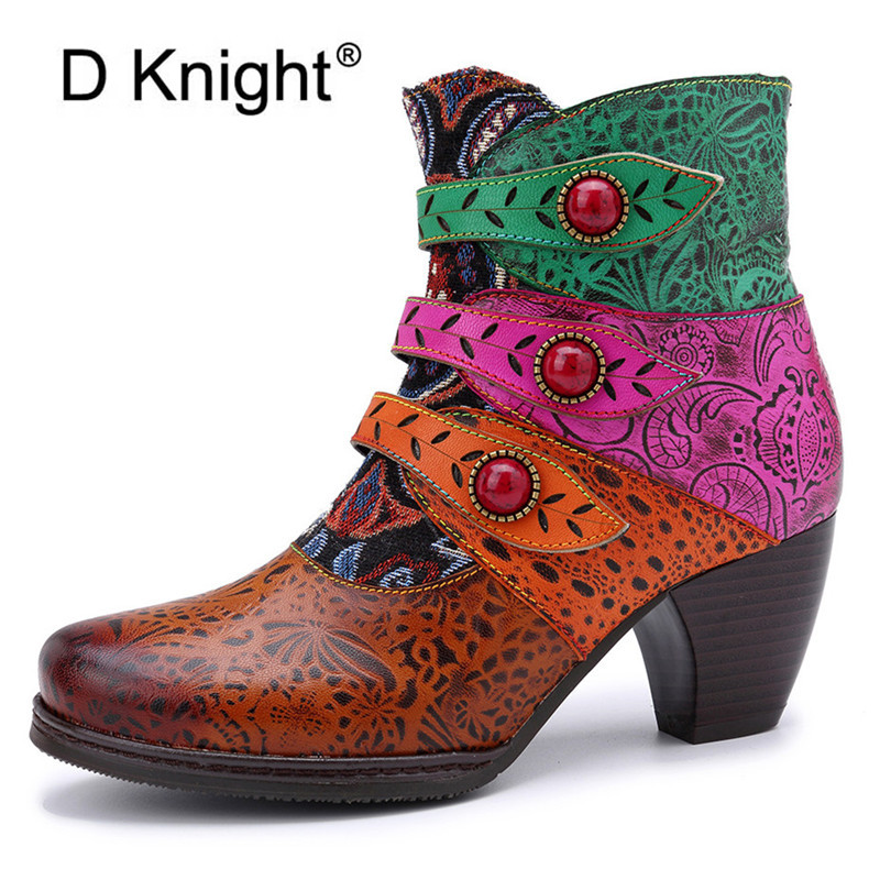 

Genuine Leather Western Boots Women Shoes Handmade New Winter Print Ankle Boots For Women Embroidery Lady Shoes High Heels, V38