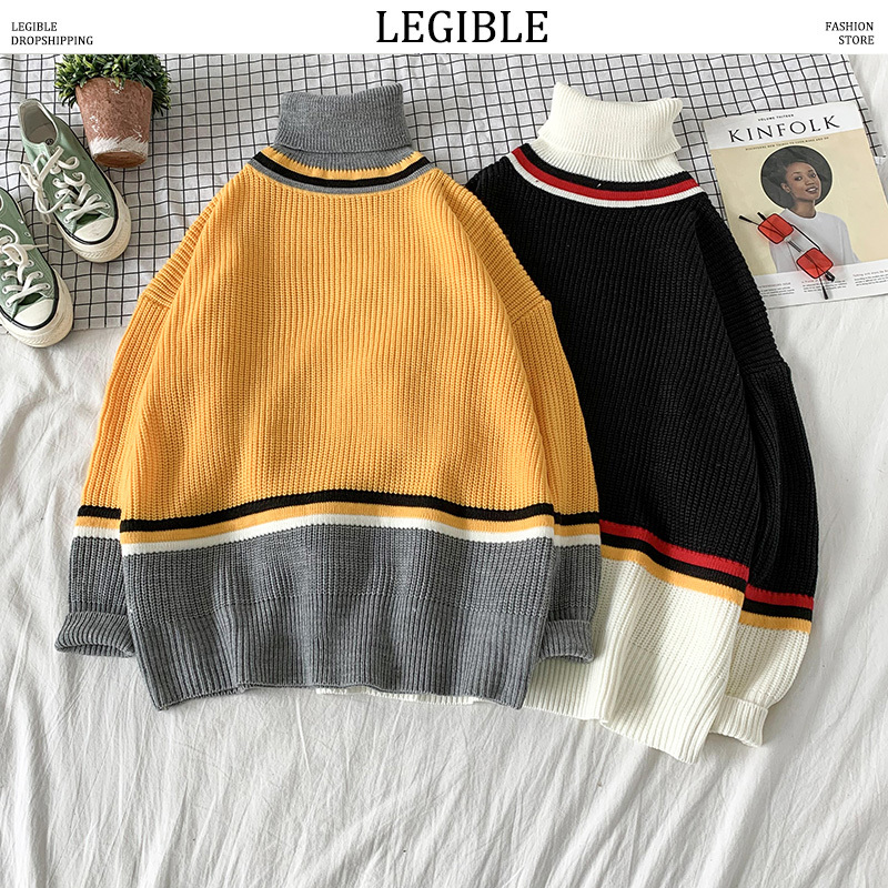 

LEGIBLE Oversized Turtleneck Sweater Men Casual Winter Warm Sweater Pullover Male Autumn Patchwork Knitted Male Sweaters, Black