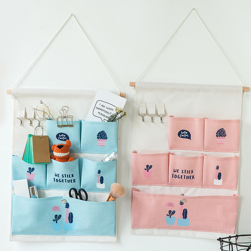 

6 Pockets Wall Hanging Storage Bags Cotton Linen Door Organizer Waterproof bag Bedroom Home Wall Decoration Key hook Geometry, Blue