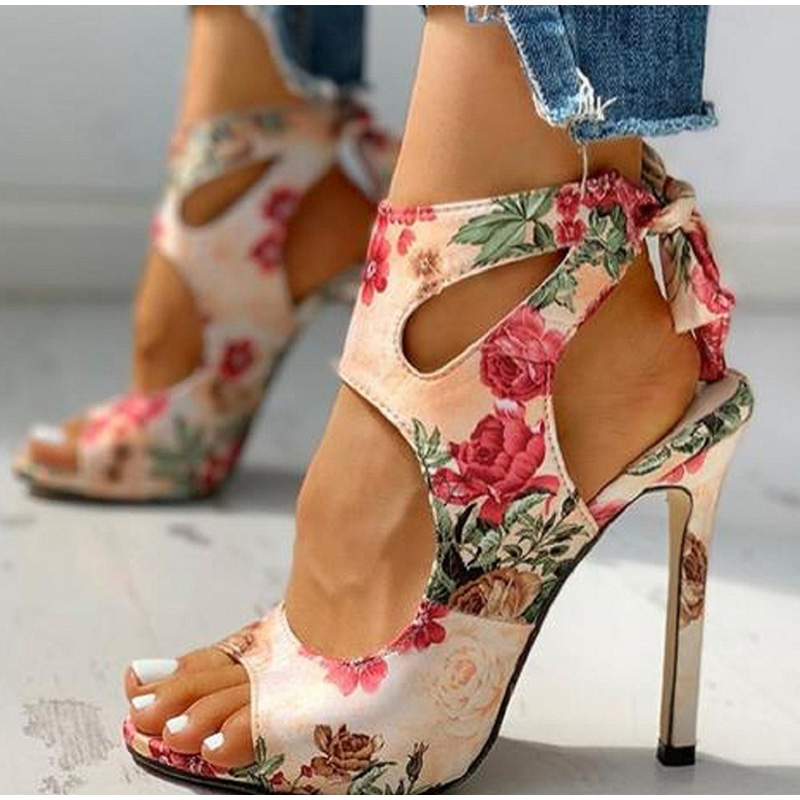 

Hollow Out Open Toe Female Woman Summer Footwear Plus Size Fashion Sandals Ladies Floral Print Women's Ankle Strap Shoes, Flower