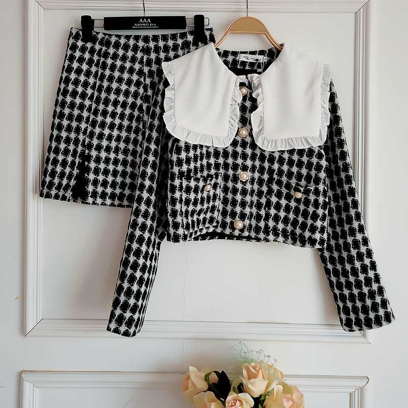 

2020 Autumn Women' Two piece Outfits Single-breasted with large lapel collar Jacket + Mini Skirt 2 Piece sets, Picture color