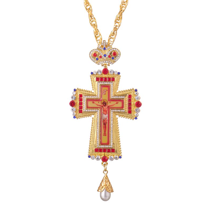 

Gold religious pendant Cross imitation pearl pendant Collares Crown Religious byzantine Catholic Crucifix Necklace with box