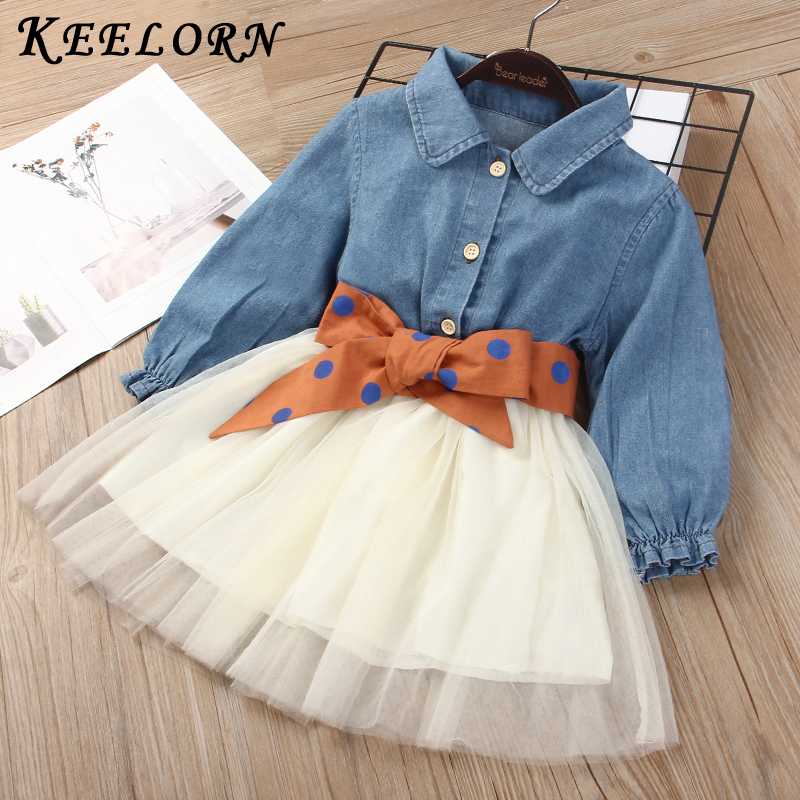 

Keelorn Girls Dress New Spring Girl Party Dresses Casual Jean Yarn Princess Dress Polka Dot Sashes Kids Children Clothing 3-7Y, An050 blue