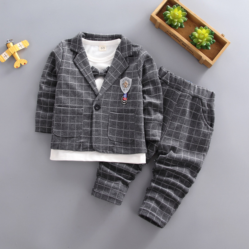 

Autumn Fashion Bow Tie Boys Clothes Children Set 3 Pieces Long Sleeve Boy Suit Children Costume Kids O-neck Clothing, Gray